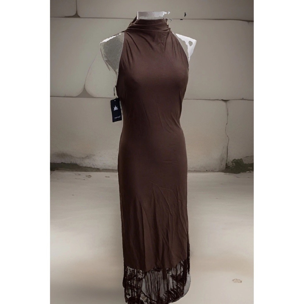 Halter Fringed Maxi Dress S, New With Tag Algeman Brown